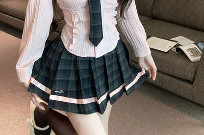 Collared Tie Neck Button Shirt & High Waist Pleated Plaid Mini Skirt Set