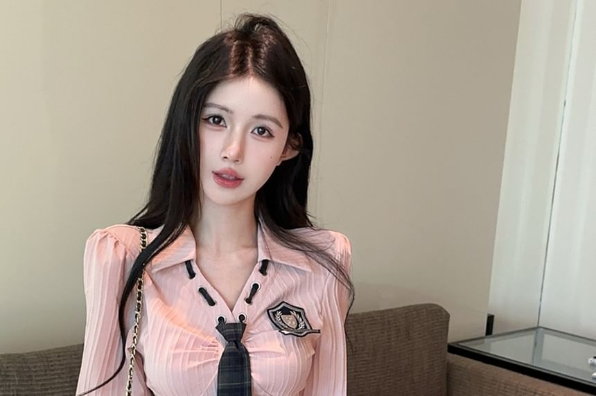 Collared Tie Neck Button Shirt & High Waist Pleated Plaid Mini Skirt Set