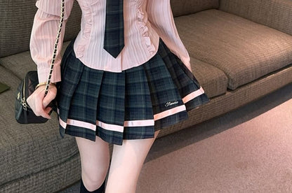 Collared Tie Neck Button Shirt & High Waist Pleated Plaid Mini Skirt Set