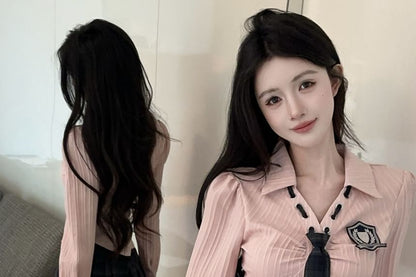 Collared Tie Neck Button Shirt & High Waist Pleated Plaid Mini Skirt Set