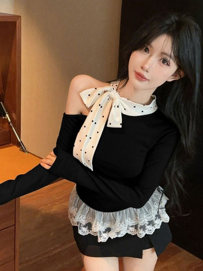 Dotted Panel Tee with Off-Shoulder Neckline and Lace Trim Sleeves