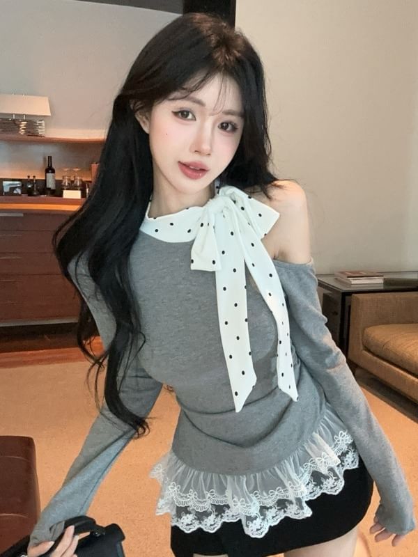 Dotted Panel Tee with Off-Shoulder Neckline and Lace Trim Sleeves