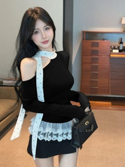 Dotted Panel Tee with Off-Shoulder Neckline and Lace Trim Sleeves