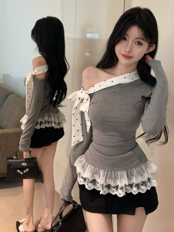 Dotted Panel Tee with Off-Shoulder Neckline and Lace Trim Sleeves