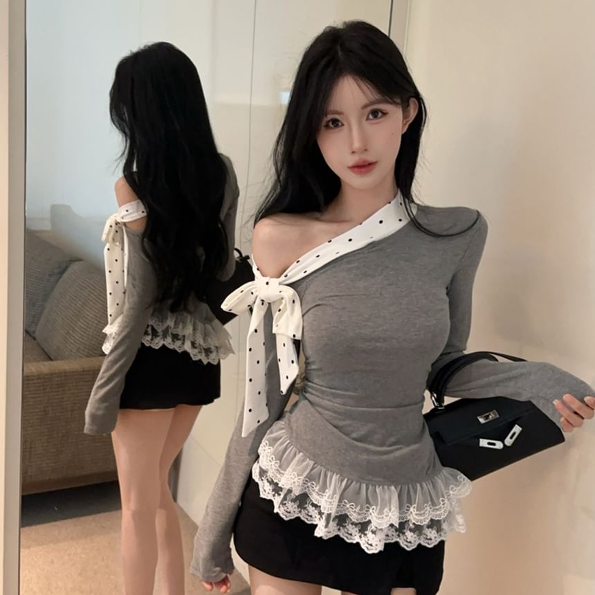 Dotted Panel Tee with Off-Shoulder Neckline and Lace Trim Sleeves