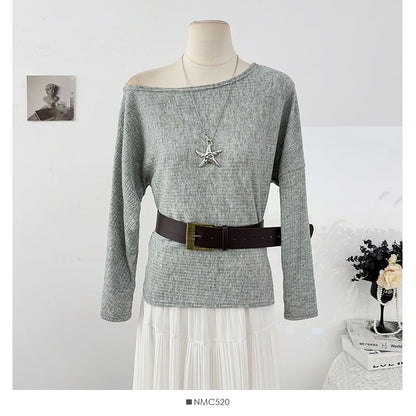 Boat-Neck Loose-Fit Knit Top with Long Sleeves