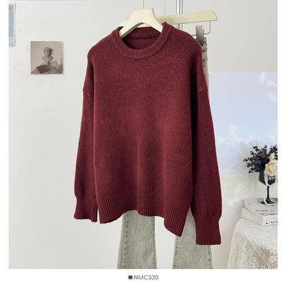 Crew-Neck Loose-Fit Pullover Sweater with Long Sleeves