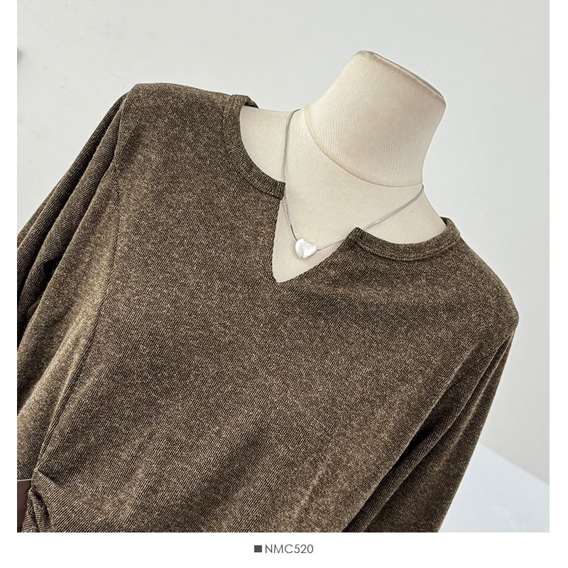Loose-Fit V-Neck Top with Asymmetric Hem and Long Sleeves