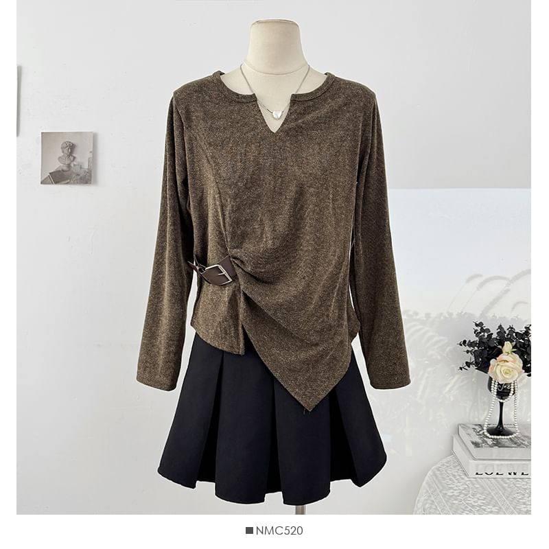 Loose-Fit V-Neck Top with Asymmetric Hem and Long Sleeves