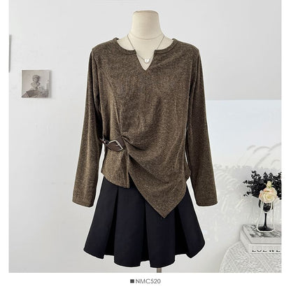 Loose-Fit V-Neck Top with Asymmetric Hem and Long Sleeves