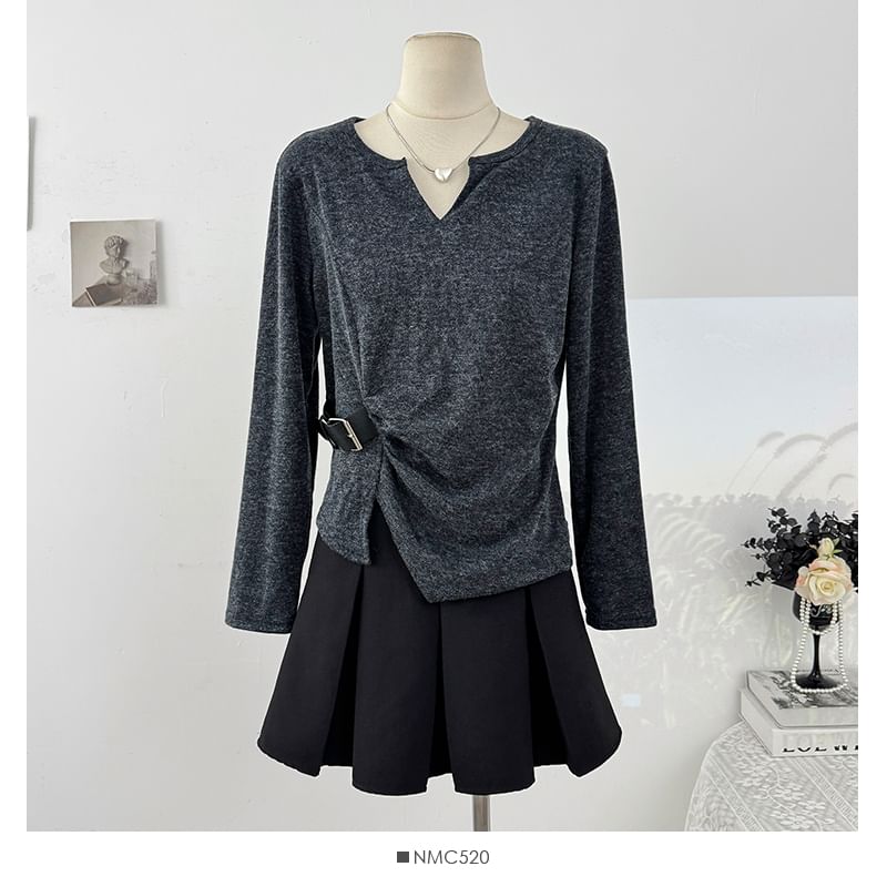 Loose-Fit V-Neck Top with Asymmetric Hem and Long Sleeves