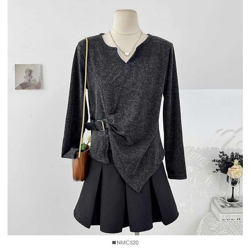 Loose-Fit V-Neck Top with Asymmetric Hem and Long Sleeves