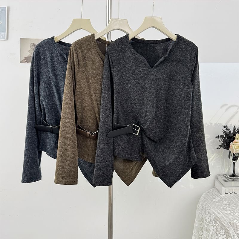 Loose-Fit V-Neck Top with Asymmetric Hem and Long Sleeves