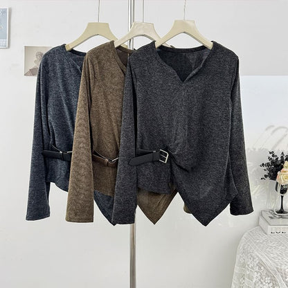 Loose-Fit V-Neck Top with Asymmetric Hem and Long Sleeves