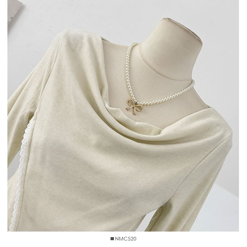 Extended Sleeve Cowl Neck Lace Trim Slim Blouse
