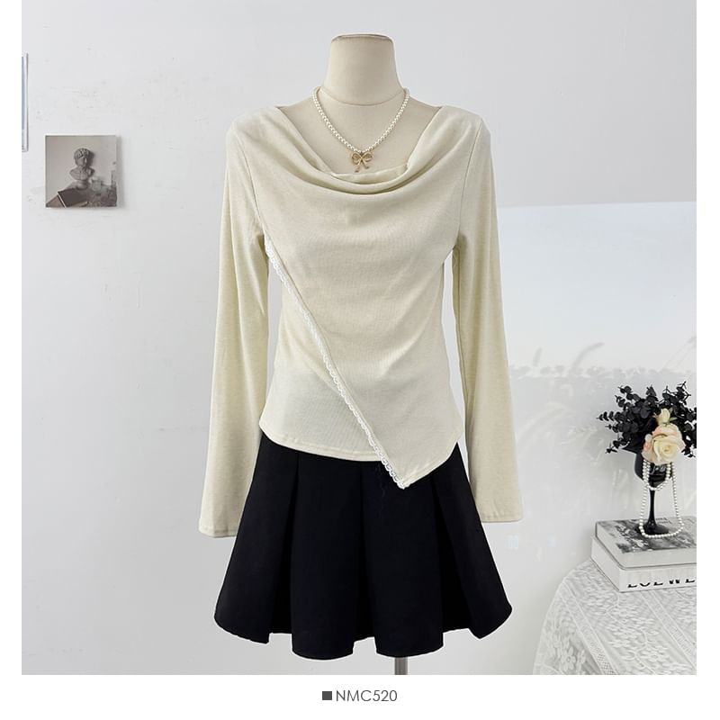 Extended Sleeve Cowl Neck Lace Trim Slim Blouse