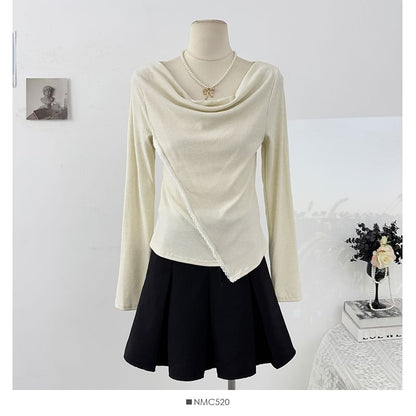 Extended Sleeve Cowl Neck Lace Trim Slim Blouse