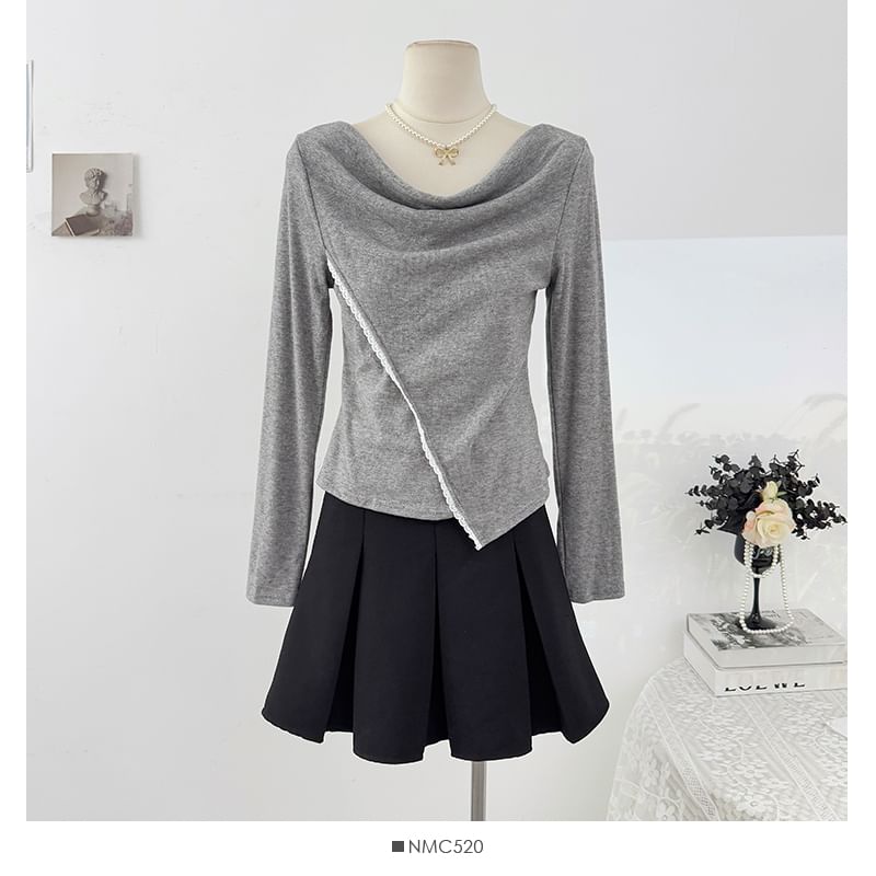 Extended Sleeve Cowl Neck Lace Trim Slim Blouse