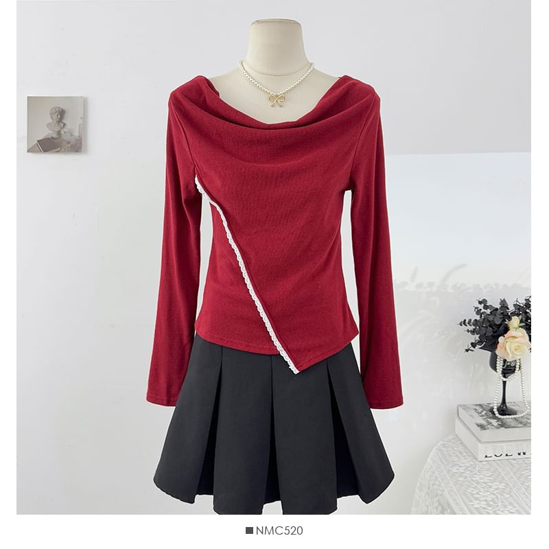 Extended Sleeve Cowl Neck Lace Trim Slim Blouse