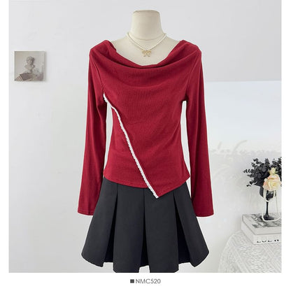 Extended Sleeve Cowl Neck Lace Trim Slim Blouse