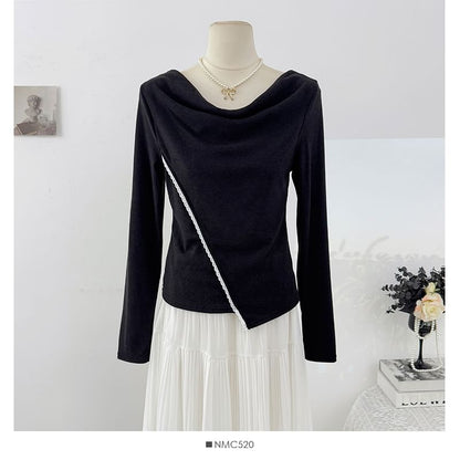 Extended Sleeve Cowl Neck Lace Trim Slim Blouse