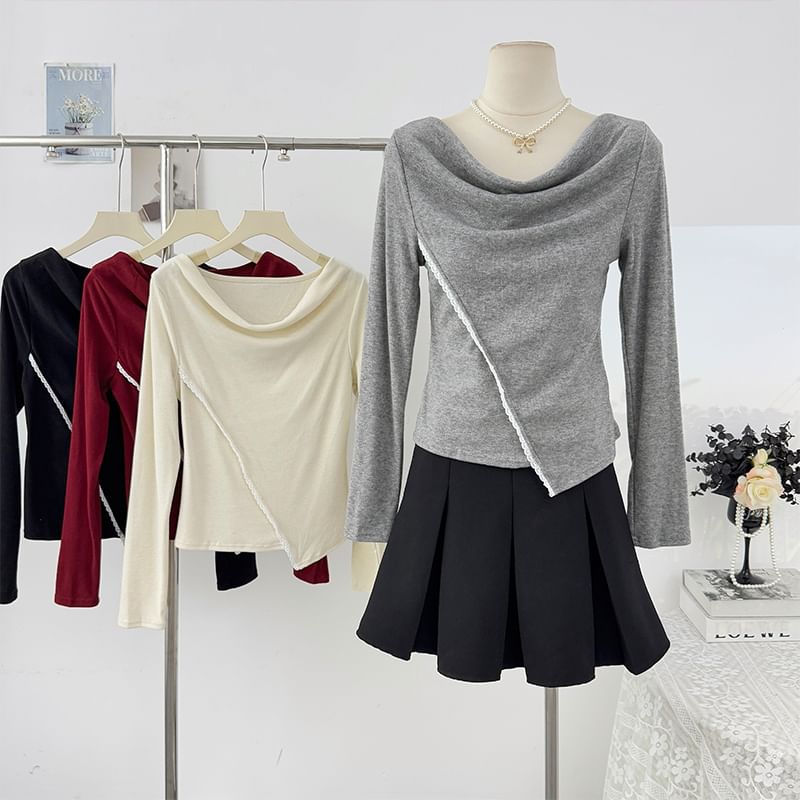 Extended Sleeve Cowl Neck Lace Trim Slim Blouse