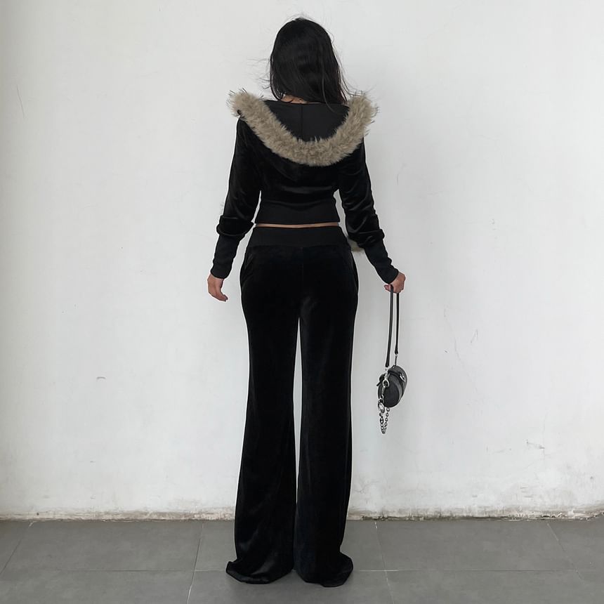 Long Sleeve Faux Fur Trim Velvet Hooded Jacket / Low Waist Straight-Fit Boot-Cut Pants