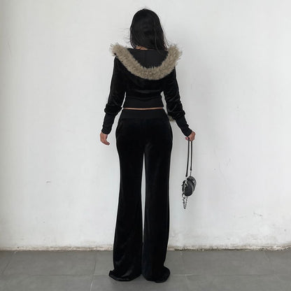 Long Sleeve Faux Fur Trim Velvet Hooded Jacket / Low Waist Straight-Fit Boot-Cut Pants