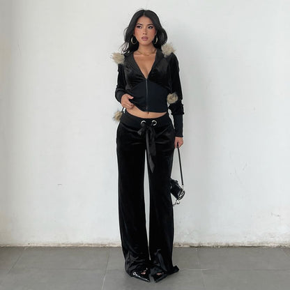 Long Sleeve Faux Fur Trim Velvet Hooded Jacket / Low Waist Straight-Fit Boot-Cut Pants