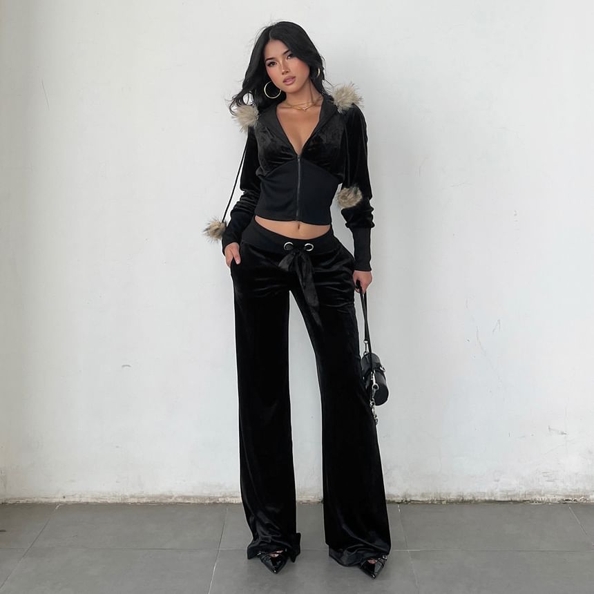 Long Sleeve Faux Fur Trim Velvet Hooded Jacket / Low Waist Straight-Fit Boot-Cut Pants