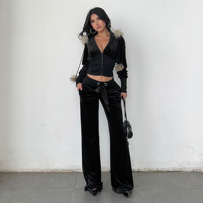 Long Sleeve Faux Fur Trim Velvet Hooded Jacket / Low Waist Straight-Fit Boot-Cut Pants