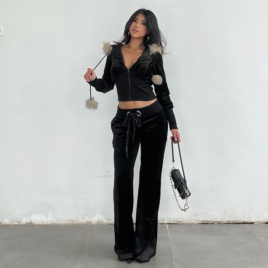 Long Sleeve Faux Fur Trim Velvet Hooded Jacket / Low Waist Straight-Fit Boot-Cut Pants