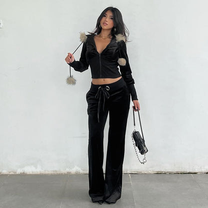 Long Sleeve Faux Fur Trim Velvet Hooded Jacket / Low Waist Straight-Fit Boot-Cut Pants