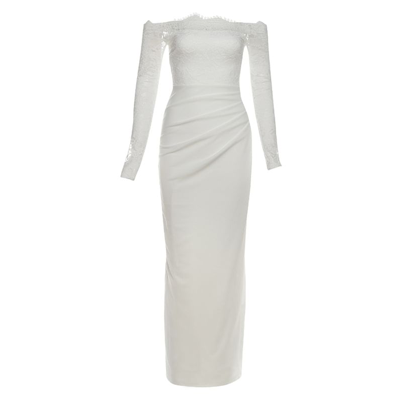 Long Sleeve Off Shoulder Lace Panel Plain Maxi Bodycon Dress