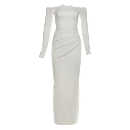 Long Sleeve Off Shoulder Lace Panel Plain Maxi Bodycon Dress