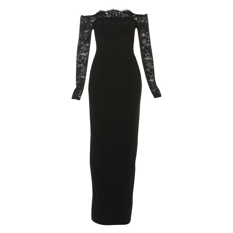 Long Sleeve Off Shoulder Lace Panel Plain Maxi Bodycon Dress