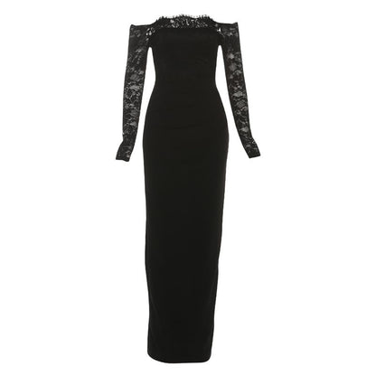 Long Sleeve Off Shoulder Lace Panel Plain Maxi Bodycon Dress