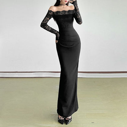 Long Sleeve Off Shoulder Lace Panel Plain Maxi Bodycon Dress