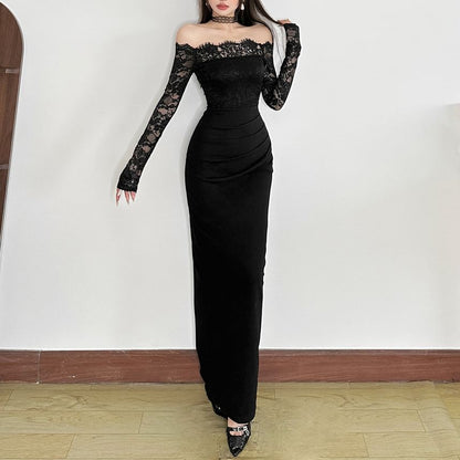 Long Sleeve Off Shoulder Lace Panel Plain Maxi Bodycon Dress