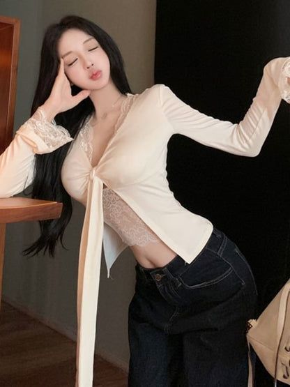 Cropped Slim-Fit V-Neck Tee with Lace Panel, Knot and Slit, Long Sleeves