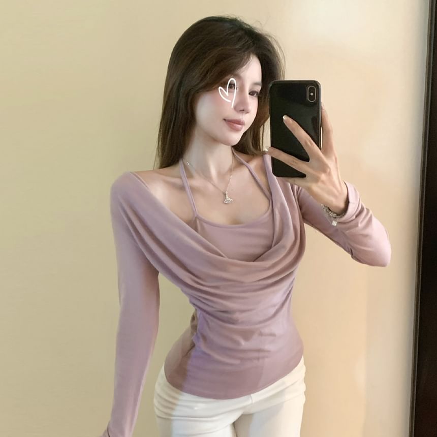 Slim-Fit Faux Two-Piece Tee with Cowl Halter Neck and Long Sleeves