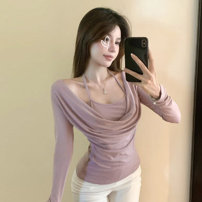 Slim-Fit Faux Two-Piece Tee with Cowl Halter Neck and Long Sleeves