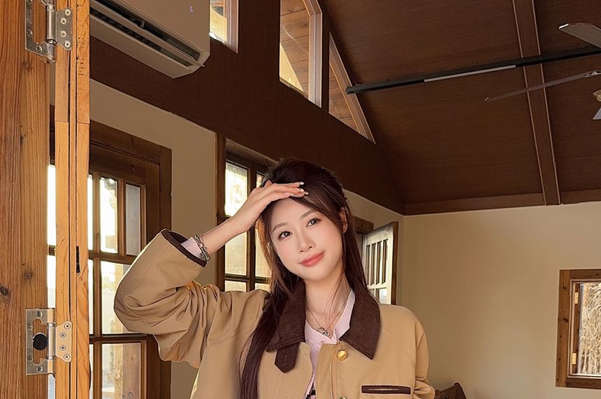 High Waist Plaid Mini Pleated Skirt / Round Neck Plain Button Up Cardigan / Collared Plain Zip Barn Jacket