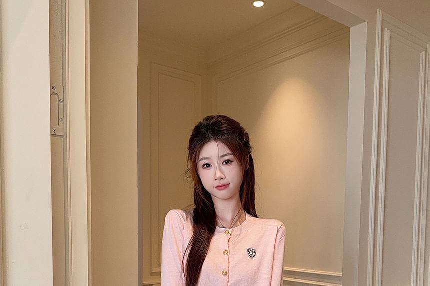 High Waist Plaid Mini Pleated Skirt / Round Neck Plain Button Up Cardigan / Collared Plain Zip Barn Jacket