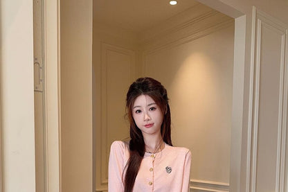 High Waist Plaid Mini Pleated Skirt / Round Neck Plain Button Up Cardigan / Collared Plain Zip Barn Jacket