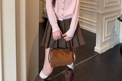 High Waist Plaid Mini Pleated Skirt / Round Neck Plain Button Up Cardigan / Collared Plain Zip Barn Jacket