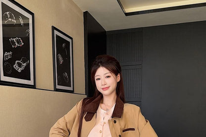 High Waist Plaid Mini Pleated Skirt / Round Neck Plain Button Up Cardigan / Collared Plain Zip Barn Jacket