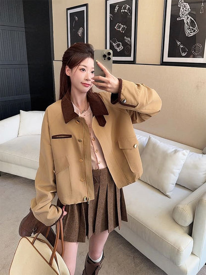 High Waist Plaid Mini Pleated Skirt / Round Neck Plain Button Up Cardigan / Collared Plain Zip Barn Jacket