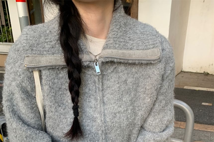 Stand Collar Plain Zip Cardigan