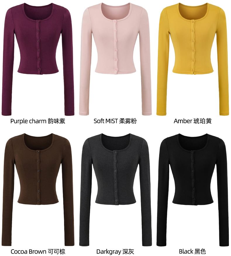 Crew Neck Button-Up Plain Crop Cardigan